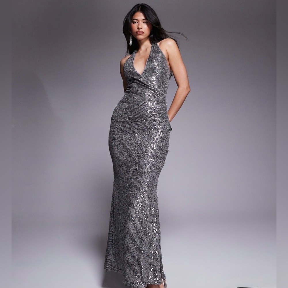 ASOS DESIGN all over sequin plunge maxi dress in silver